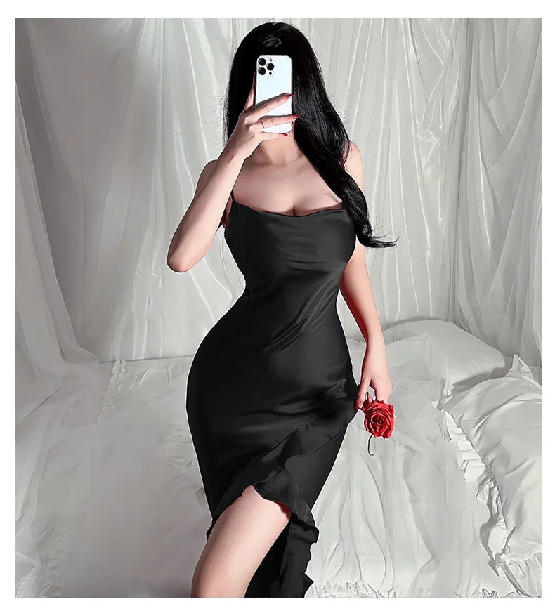 Red New Sling Sexy And Charming Ruffle Edge Bottom Split Smooth Surface Sleeveless Appear Thin Temperament Girl Long Dress 👗