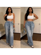 2026 Women Jeans Straight Diamonds Pants Y2k Streetwear Elegant High Waist Washed Belt Loose Wide Leg Denim Trousers Bottoms