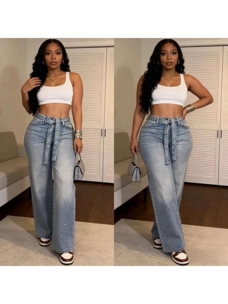 2026 Women Jeans Straight Diamonds Pants Y2k Streetwear Elegant High Waist Washed Belt Loose Wide Leg Denim Trousers Bottoms