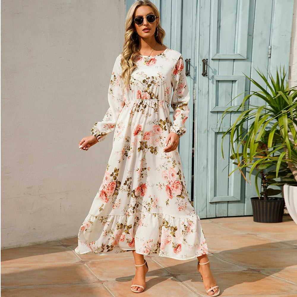 Women Maxi Dresses Sping Autumn Bohemian Casual Full Sleeve High Waist Beach Woman Chiffon Dresses Floral Vestidoes Long Dress Main image