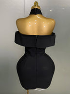 Women 2025 New Sexy Off Shoulder White Flower Black Mini Bodycon Bandage Dress Luxury Celebrity Evening Club Elegant Party Gowns
