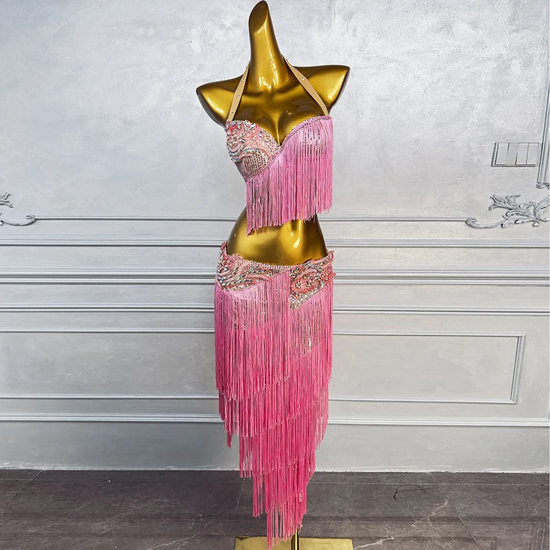 Belly Dance Costume Set for Women Pink Sequin Tassel Top+short Skirt 2pcs Performance Costume Custom Drum Solo Short Suit Main image