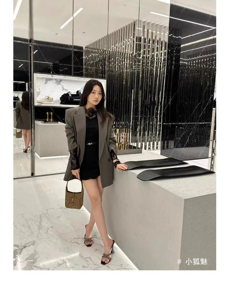 2026 NEW High Quality Luxury Heels Women's Sandals Designer Shoes Rhinestone Square Toe Open Toe Slides Женская Обувь