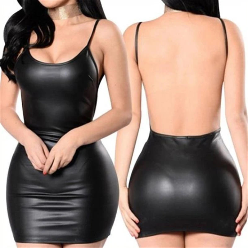 Sexy Faux Leather Dress Backless Club Party Short Dress Solid Black Wet Look Latex Bodycon Push Up Bra Mini Micro Dress Main image