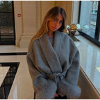 Elegant Lace Up Woolen Short Coat Solid Loose Lapel Furry Belt Long Sleeve Jacket Female 2025 Autumn Winter Lady Chic Cardigan