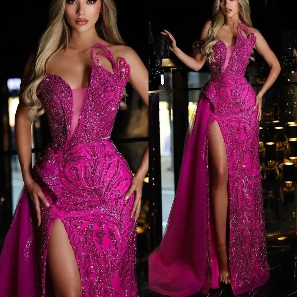Customized Luxury Mermaid Evening Dress V Neck Appliques Sequins Floor Length Beaded Sparkly Prom Dress Formal Dress For a Special night