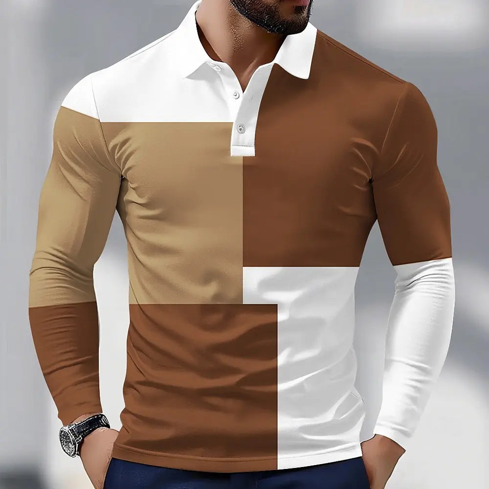Men's Plaid Splicing Long Sleeve Polo Shirt Lapel Sports Leisure Outdoor Office Daily Wear Button Spring Autumn Winter