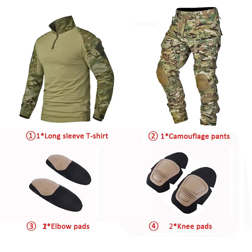 Camo Tactical Sets Outdoor Long Sleeve Wear-resisting T Shirts+Multi-pocket Tactic Cargo Pants Suit Training Workwear Combat Set