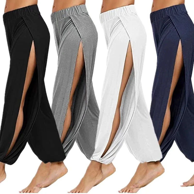 Women Fashion Yoga Pants High Waisted Slit Wide Leg Haren Pants Gym Leggings Casual Solid Hollow Workout Trousers Gym Home Wear Main image