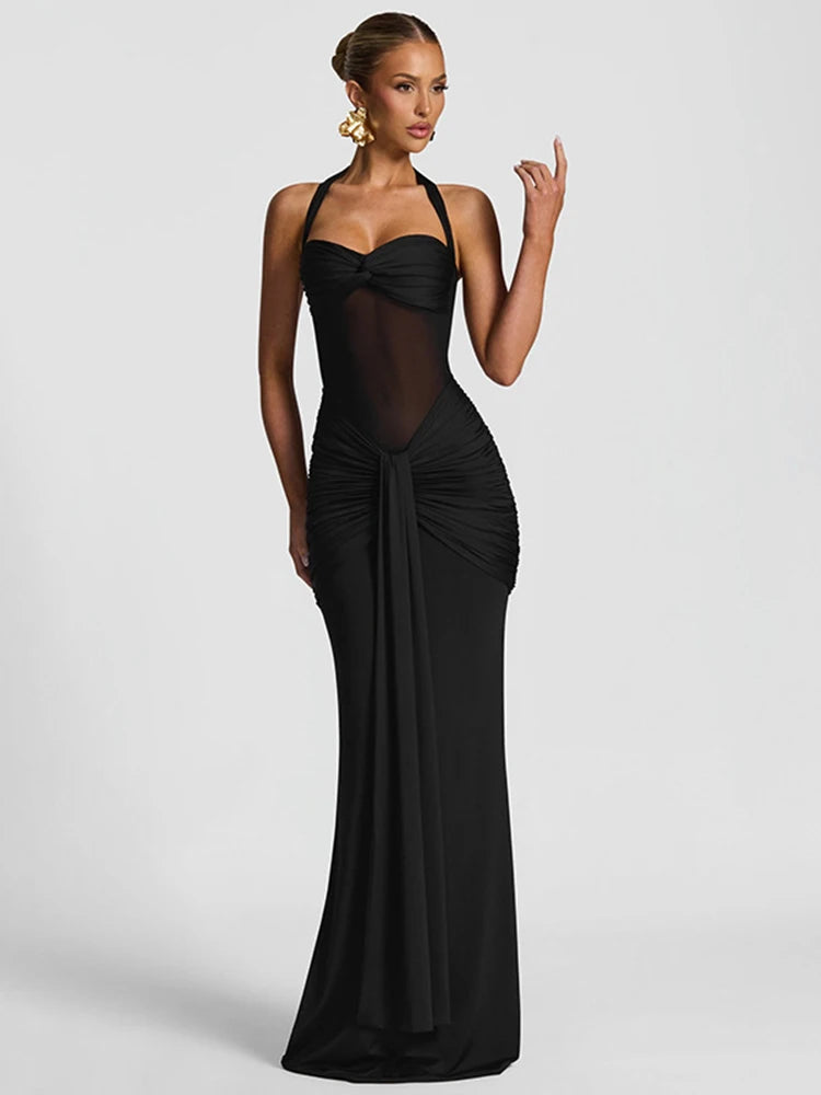 kliou Patchwork Elegant Women Maxi Dress Classic Sexy Sheer Ribbons Halter Backless Bodycon Female Trend Festival Evening Wear Secondary image