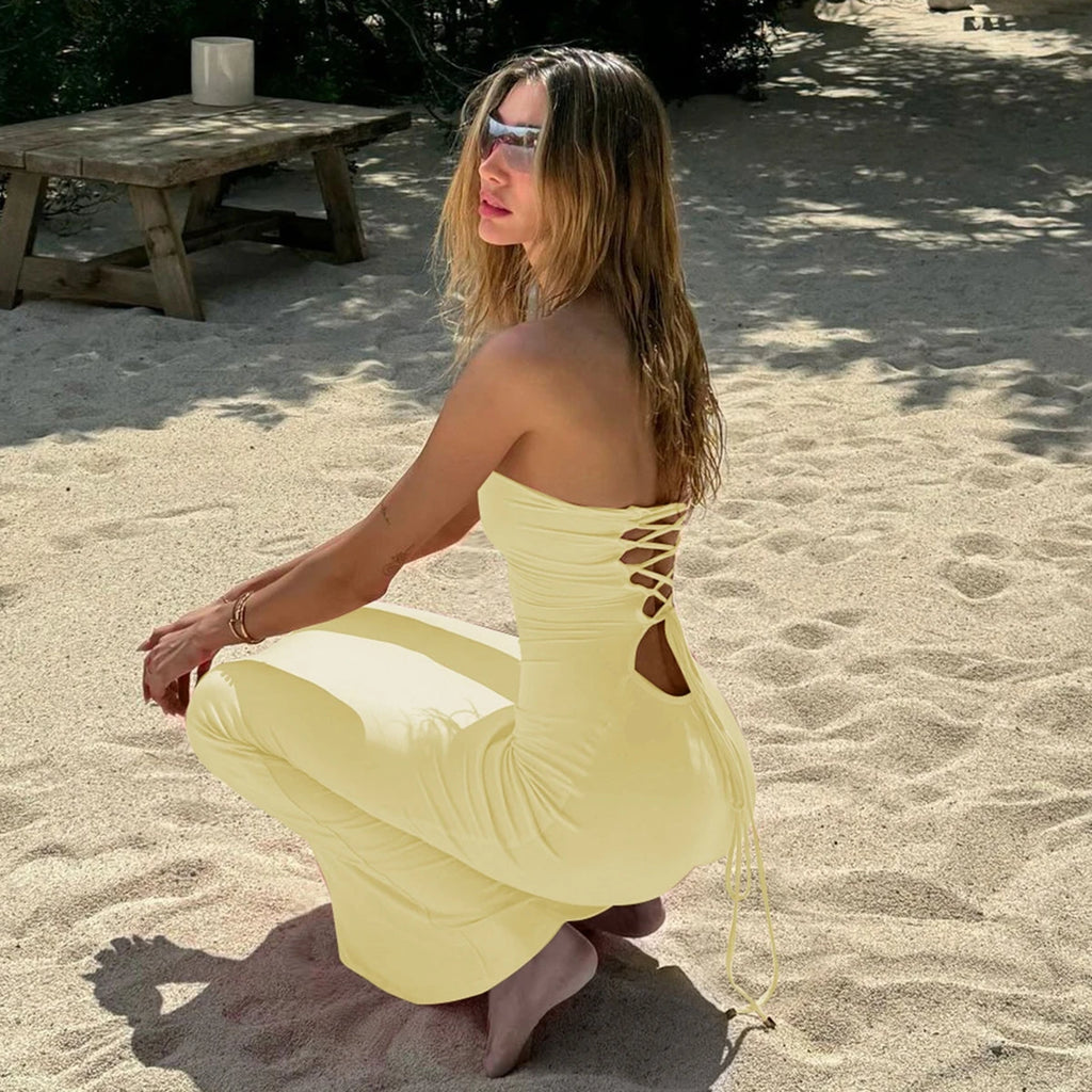 Hugcitar Elegant Women Solid Strapless Backless Bandage Sexy Bodycon Maxi Dress Summer Women Y2K Clothes Beach Vacation Party