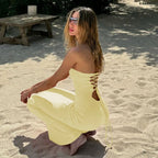 Hugcitar Elegant Women Solid Strapless Backless Bandage Sexy Bodycon Maxi Dress Summer Women Y2K Clothes Beach Vacation Party