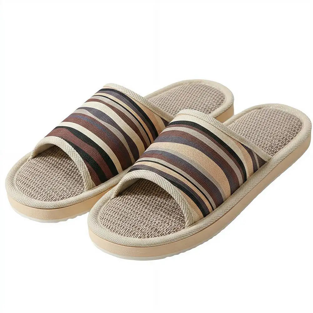 Striped Linen Open Toe Slippers Breathable Indoor House Slippers Anti Slip EVA Sole Lightweight Casual Home Slides For Men Women