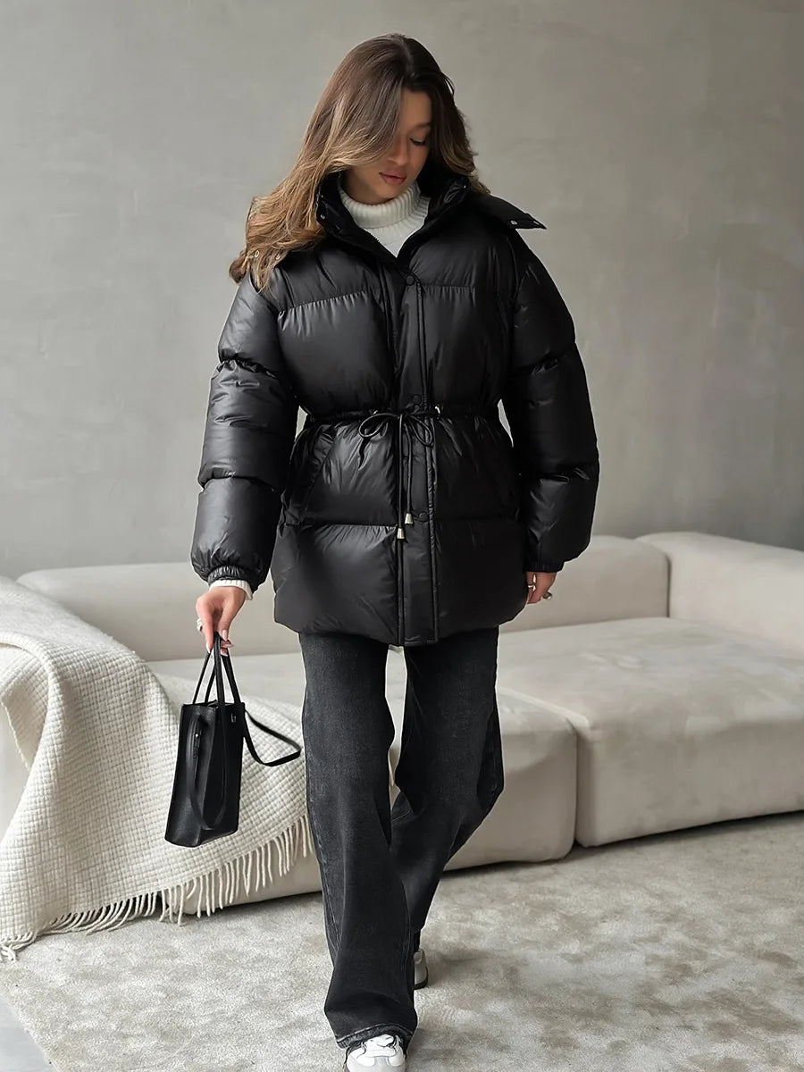Bornladies Drawstring Slim Fit Cotton Jacket Women's  Winter New Hooded Zipper Cotton Robe Comfortable Warm Bread Jacket