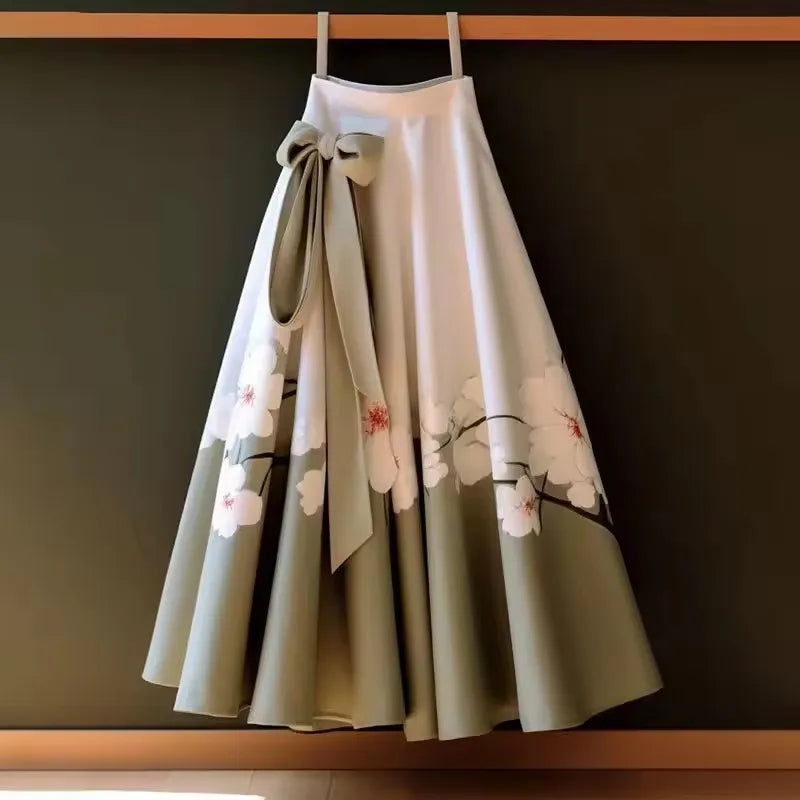 Vintage Red Flower Print Skirt for Women Y2k Slim Waist Mid-length Loose Faldas Mujer 2026 Spring New Skirt for Women