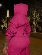 FAGADOER Casual 2 Pieces Set for Woman Outfits Solid Color Bandage Patchwork Hooded Crop Top and Pants Suit Female Streetwear