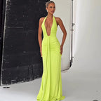 Sexy Deep V-neck Backless Halter Maxi Dresses Women's Sleeveless High Waist Bodycon Pleated Robe 2026 New Evening Party Gown
