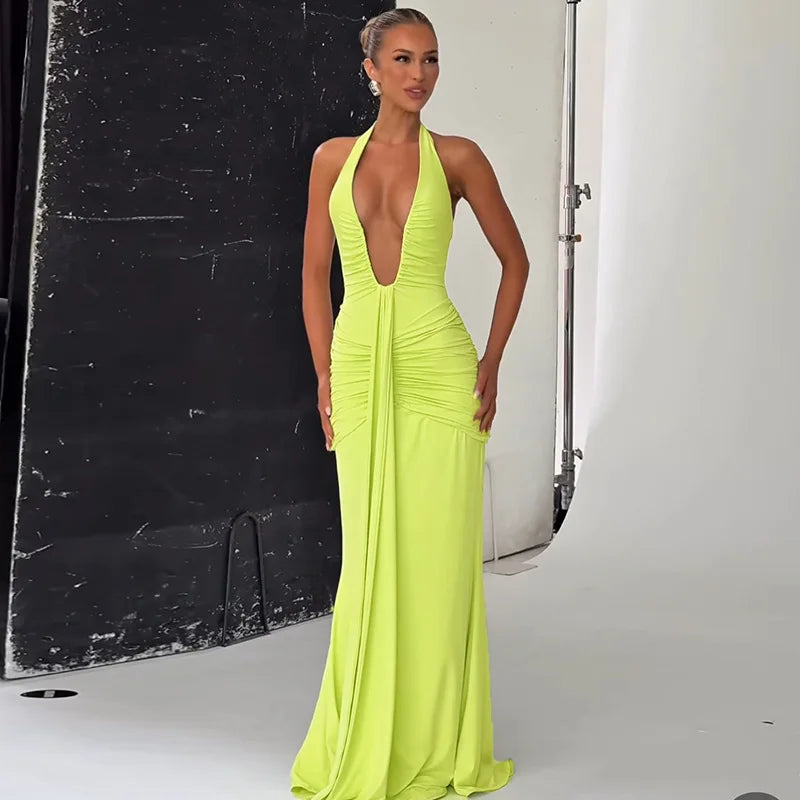 Sexy Deep V-neck Backless Halter Maxi Dresses Women's Sleeveless High Waist Bodycon Pleated Robe 2025 New Evening Party Gown