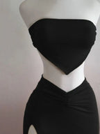 Strapless Backless Crop Top High Waist Skirt 2 Piece Set Women Summer Sexy Slim Fit Split Midi Dress Tube Suits Party Club Sets