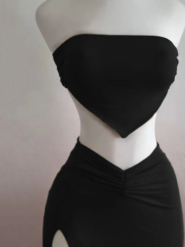Strapless Backless Crop Top High Waist Skirt 2 Piece Set Women Summer Sexy Slim Fit Split Midi Dress Tube Suits Party Club Sets