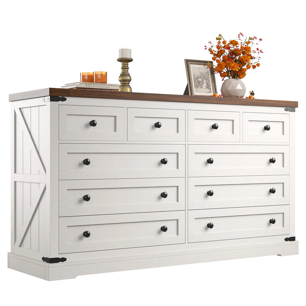 EnHomee 10 Drawer Large Antique Farmhouse wood Dresser and TV Stand with Smooth Metal Rail for Bedroom Storage
