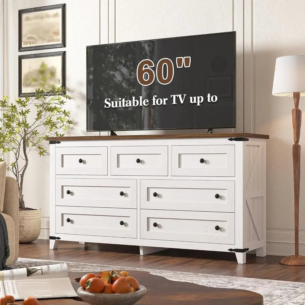 Drer or Bedroom with 7 Ders White Drer with Smooth Metal Rail TV Stand or Bedroom, Hallway, 15" D x 51.2" W x 31.5" H, Antique W