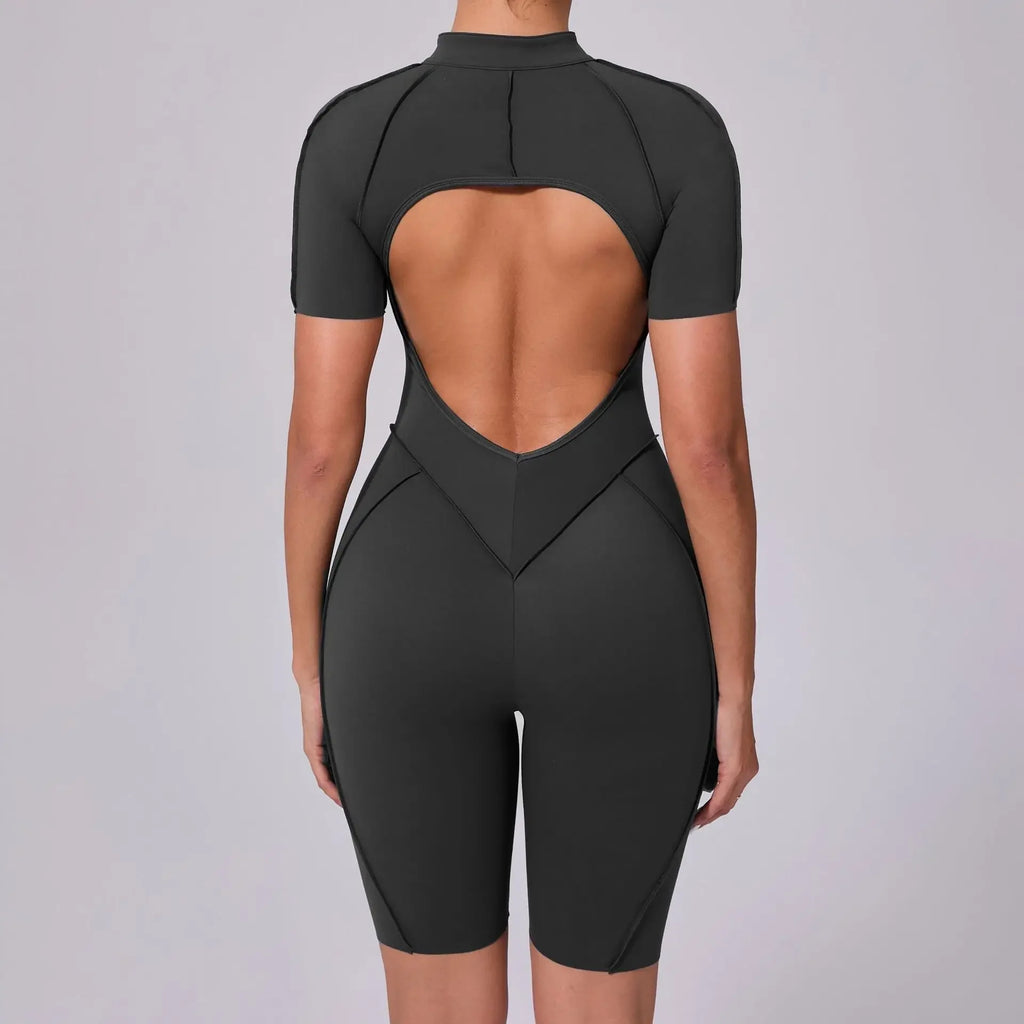 Seamless Yoga Jumpsuits Sports Fitness Zipper Hip-lifting Short-sleeved Backless Dance Workout Gym Shorts Bodysuits for Women