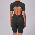 Seamless Yoga Jumpsuits Sports Fitness Zipper Hip-lifting Short-sleeved Backless Dance Workout Gym Shorts Bodysuits for Women