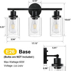 Modern Bathroom Mirror Wall Light Fixtures Black 3-Light Vanity Lights with Clear Glass for Bathroom Living Room Bedroom Hallway