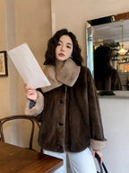 2025 New Coffee Colored Faux Mink Fur Spliced Lapel Fur Coat for Women Young and Loose