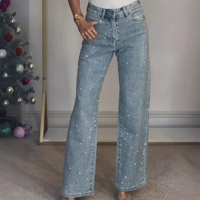 Jeans for Women Straight Diamonds Pants Stretch High Waist Washed Mom Jeans Vintage Denims Streetwear Y2k Streetwear Trousers Main image