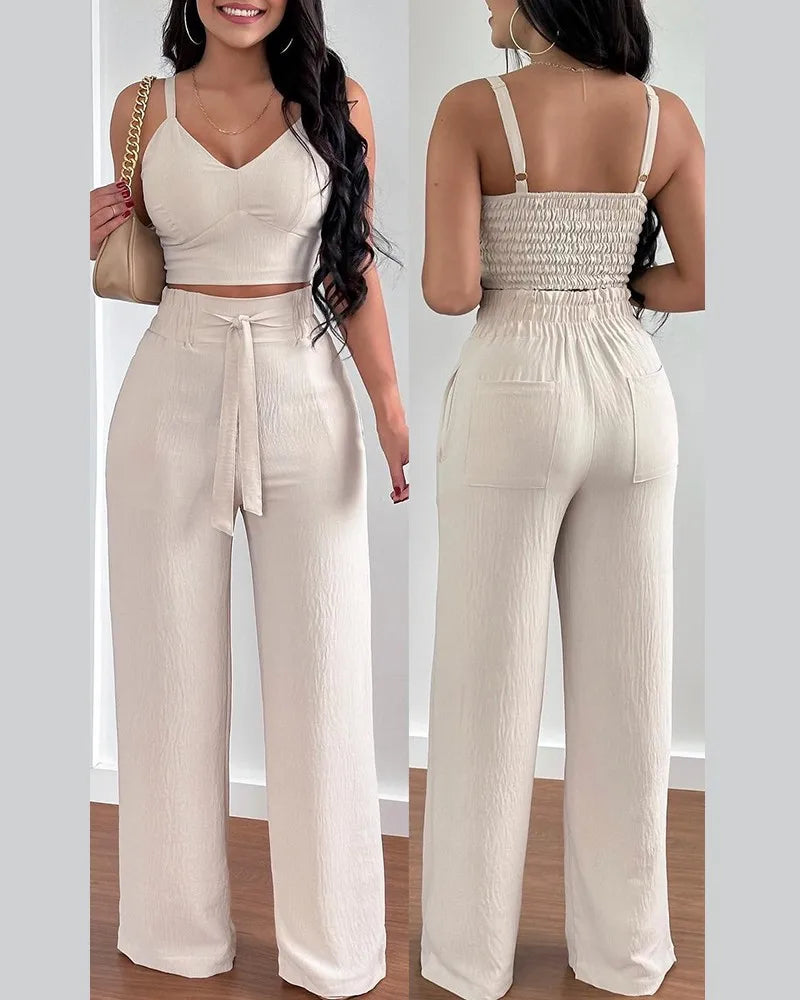 2 Piece Outfits For Women 2025 Sexy V-Neck Strap Shirred Slim Crop Top & Lace-up Wide Leg Pants Sets Elegant Office Lady Suit Main image
