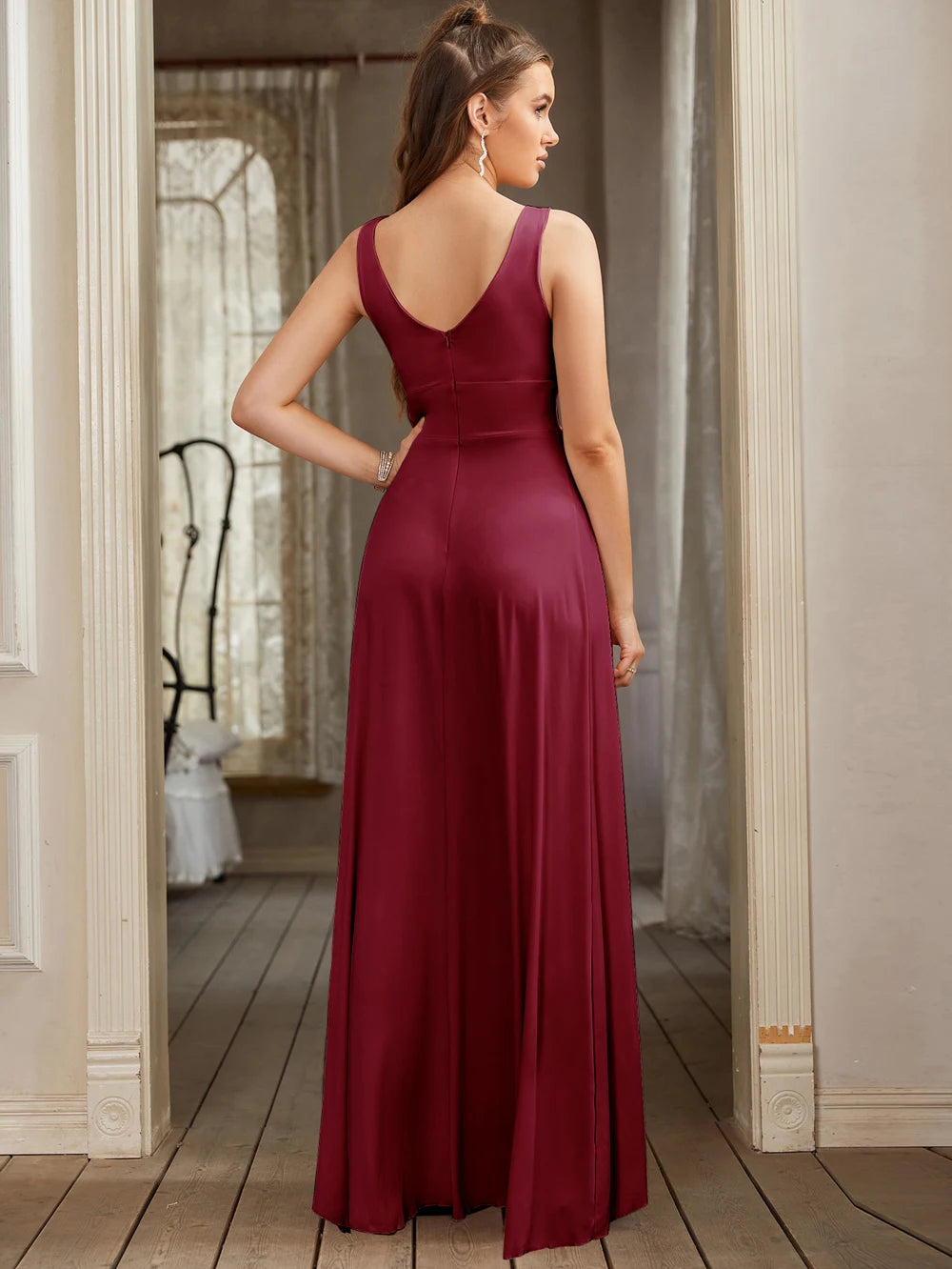 Women Evening Dresses 202 Sister Group Sexy Split V Neck Backless Sleeveless Formal Wedding Party Prom Gowns Bridesmaid Vestido