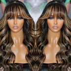Glueless Highlighted Honey Blonde Body Wave Wig with Bangs Brazilian Human Hair Virgin Remy Machine Made Cheap Wigs On Sale 180%