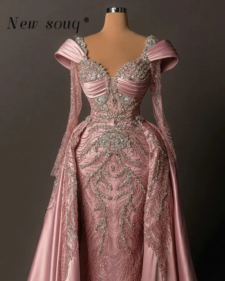 Elegant Pastel Pink Evening Party Dresses with Detachable Train Customized Crystals Long Sleeves Formal Wedding Guest Wear Gowns Main image