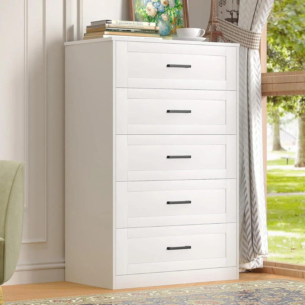 5 Drawer Dresser for Bedroom, White Dresser with Deep Drawers, Modern Tall Dresser Farmhouse Wooden Dresser Chest of Drawers