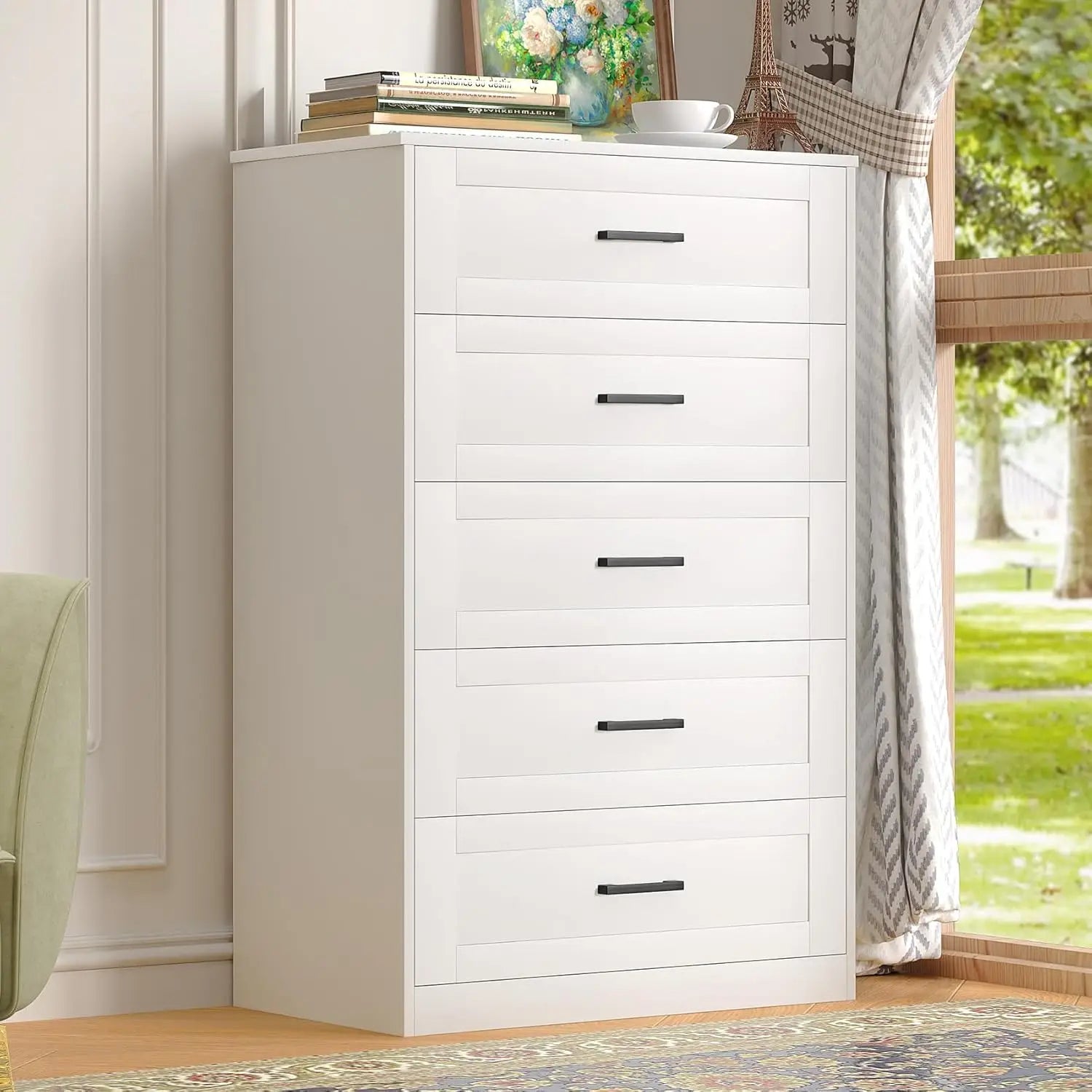5 Drawer Dresser for Bedroom, White Dresser with Deep Drawers, Modern Tall Dresser Farmhouse Wooden Dresser Chest of Drawers Main image