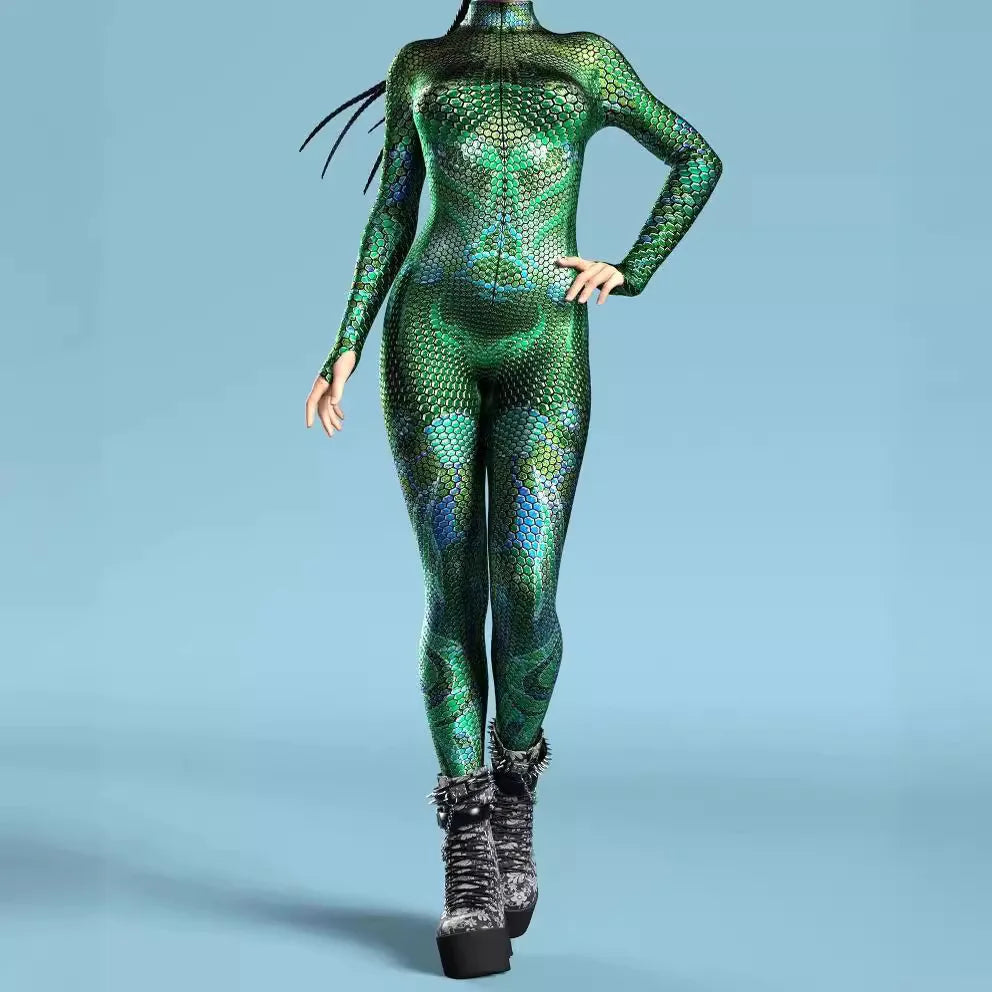 Women's Stylish Green Snake Print BodySuit New Halloween Adult Cosplay Jumpsuit Colorful 3D Printing Carnival Party Rave Outfits Main image