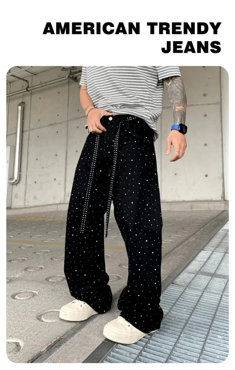 Pants Denim Men Jeans Wide Leg Long Pant Vintage Loose Hot Drilling High Waist Straight Trousers Y2k Streetwear Lace Up Spring