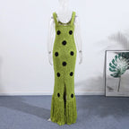 Women Sexy See Through Knitted Maxi Dress Hollow Out Deep Neck Pot Robes Tassel Hem Fork Party Vestidos 2025 New Lady Club Gown