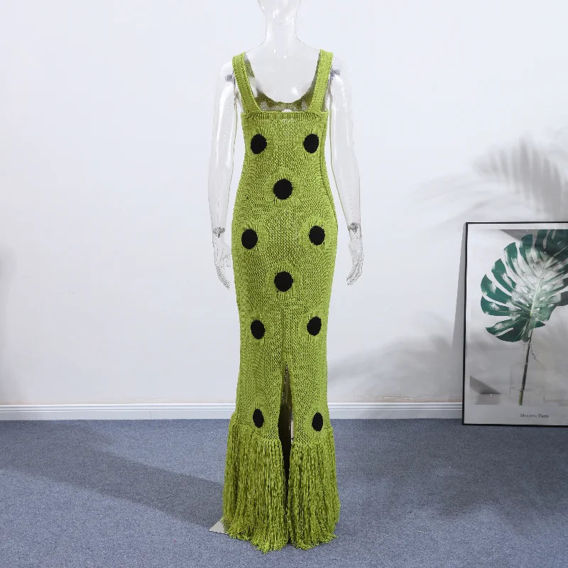 Women Sexy See Through Knitted Maxi Dress Hollow Out Deep Neck Pot Robes Tassel Hem Fork Party Vestidos 2025 New Lady Club Gown