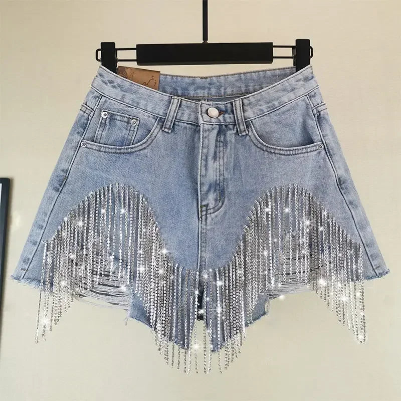 Diamond Tassel Pocket Women Jeans Denim Shorts Y2K High Waist Pants Fashion Summer Slim Fit Casual Ripped Jeans Femme HOT SALE Main image