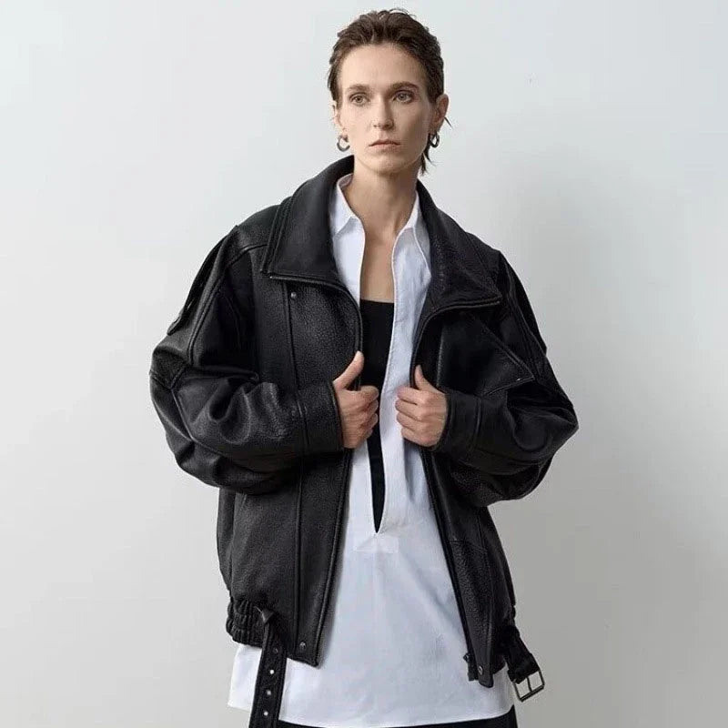 Vintage Zippers Short Leather Jackets Women's Casual Lapel Button Pockets Full Sleeve Coat 2025 Autumn New Lady Chic Streetwear