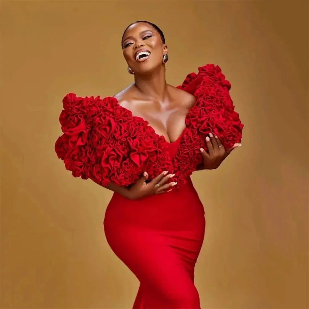 Fashion Red Prom Dress V-Neck Pleat Flower Mermaid Floor Length Sweep Train Formal Party Dresses Evening Gown Customized Secondary image