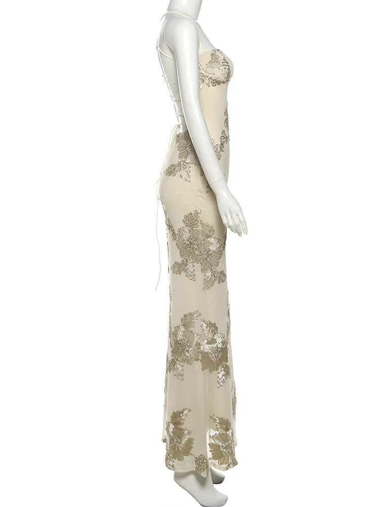 Nibber Elegant Flower Embroidery Maxi Dress Women Low-Neck Cross Bandage Backless Summer Street Trend Skinny Holiday Vestidos