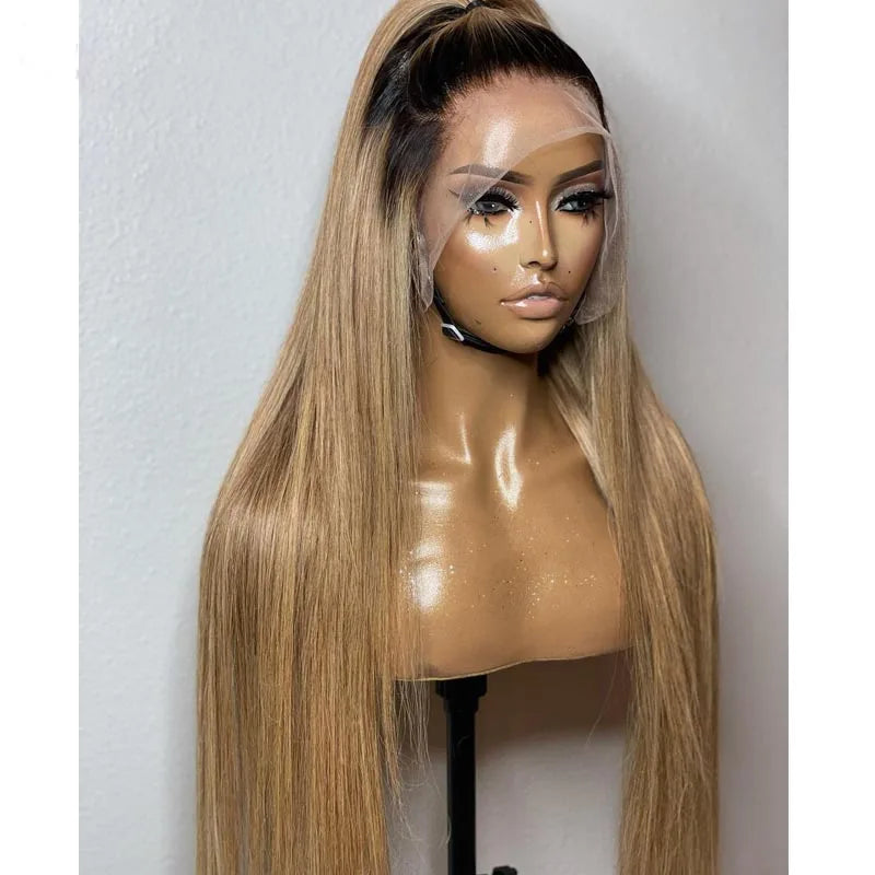 26Inch Ombre Blonde Straight Synthetic 180%Density Lace Front Wig For Women With BabyHair Preplucked Glueless