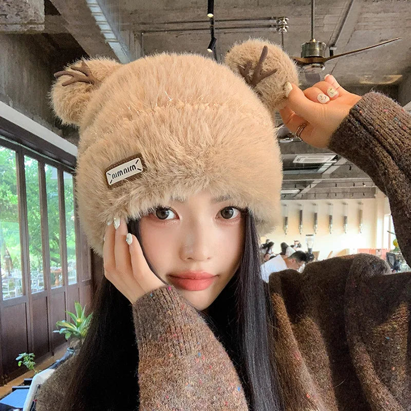 Knitted Hat Beanie Winter Warm Fleece Lined Reindeer Antlers Korean Style Cute Christmas Party Women Girls Thickened Thermal Secondary image