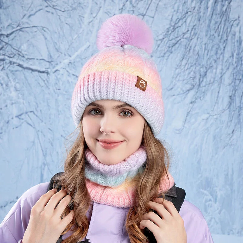 Winter Lady Warm Hat Scarf Two-piece Set Fleece Thickened Gradual Change Color Knitted Skiing Hat Fashion Pullover Hat for Women