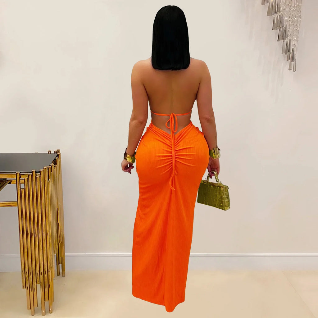 Women's Hollow Out Sleeveless Sexy Knitted Halter Neck Backless Solid Color Dress for Summer 2025