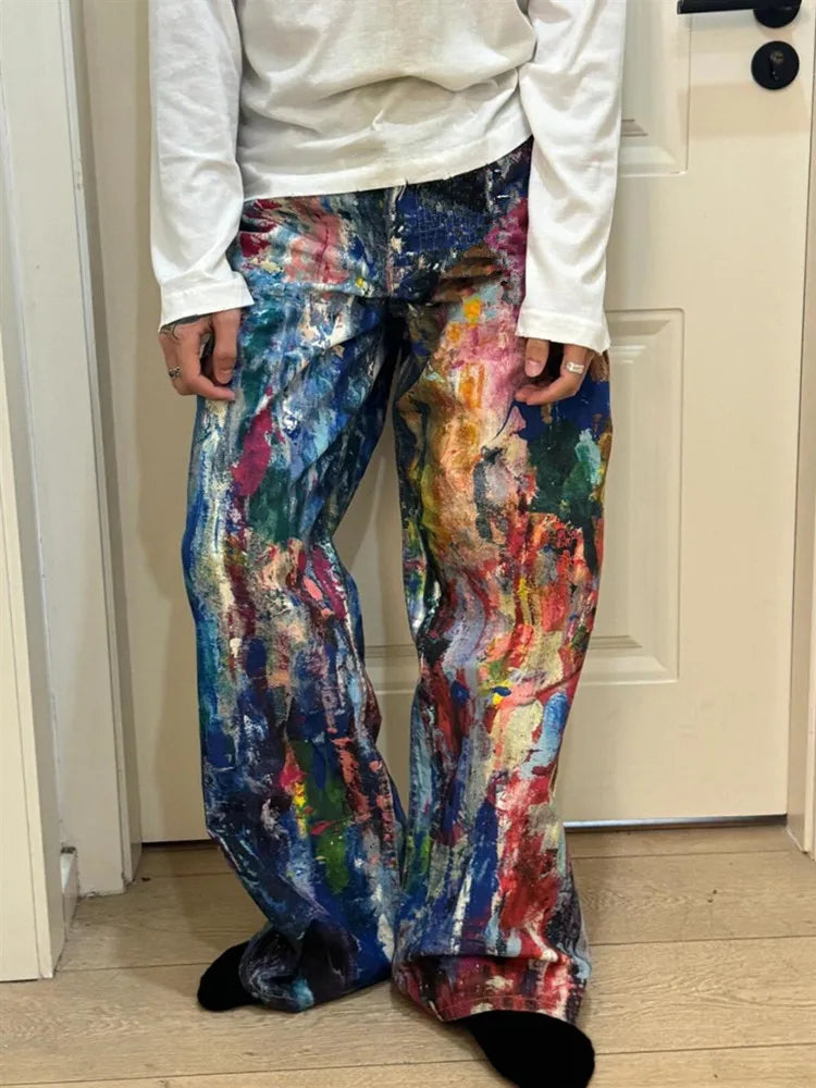 2025 Ropa Y2K Streetwear Graffiti Painting Baggy Jeans Pants For Men Designer Clothes Colorblock Kanye Wide Leg Denim Trousers